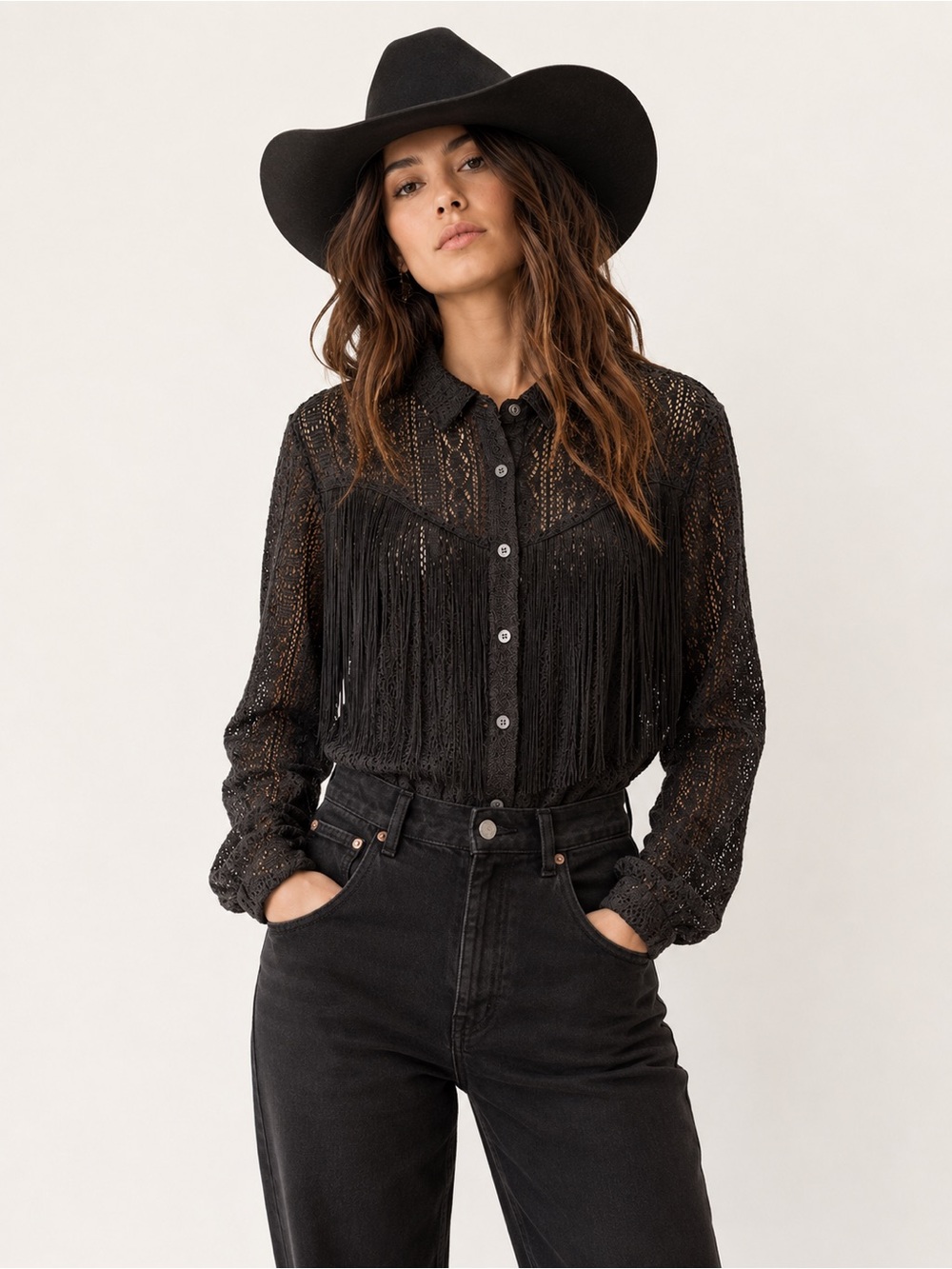 Idyllwind Black Lace Fringe Western Blouse Button Front M